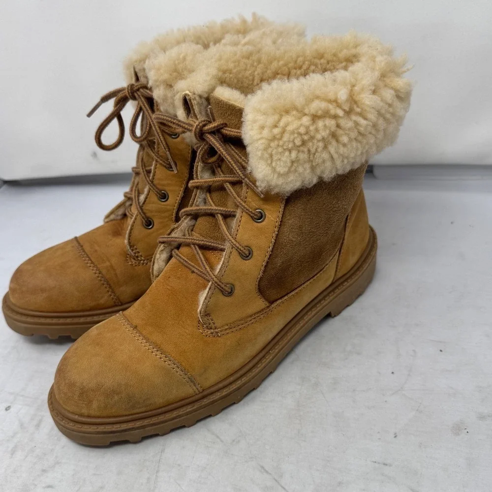 🔥UGG Australia Shearling🩷🤎🩷 Tan Suede Lace Up Boots‎ 7 Coquette  sheepskin